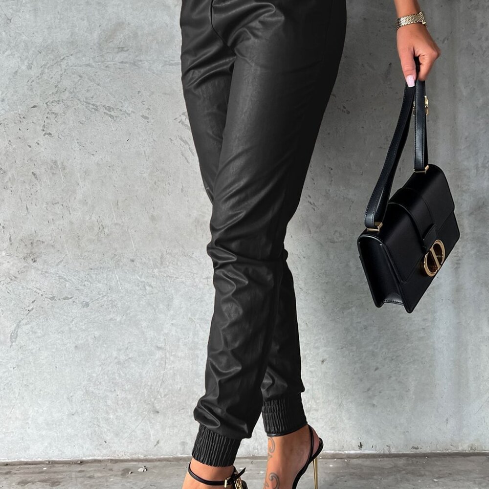 Black Smocked High-Waist Leather Skinny Pants